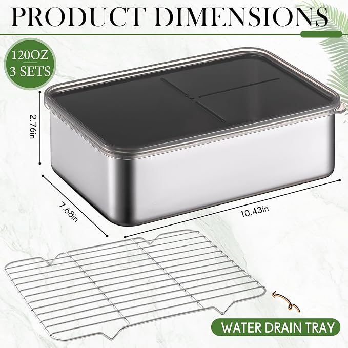 Hushee 3 Set 304 Stainless Steel Containers for Fridge, with Removable Drain Tray, 120 oz Airtight Food Container with Lids for Fruit Bacon Deli Meat Fresh Storage(10. 43 x 7. 68 x 2. 76 Inch)