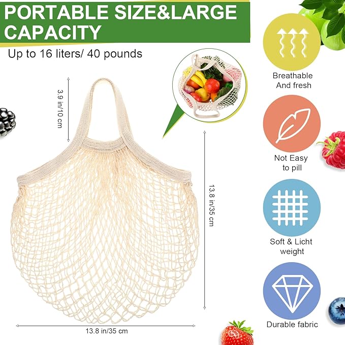 Paterr 36 Pack Cotton Mesh Produce Bags Bulk Reusable Market Bag Washable Net Grocery Purse String Shopping Tote Beach Organizer for Vegetable Fruit Picnic Food Storage (Short Handle,Beige)