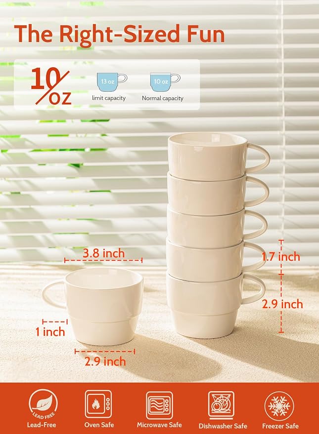 Sweese Porcelain Espresso Cups Set of 6 - Stackable 10 Ounce Espresso Coffee Mugs for Cappuccino, Mocha, Tea - Dishwasher Friendly – Ideal for Home and Café, White