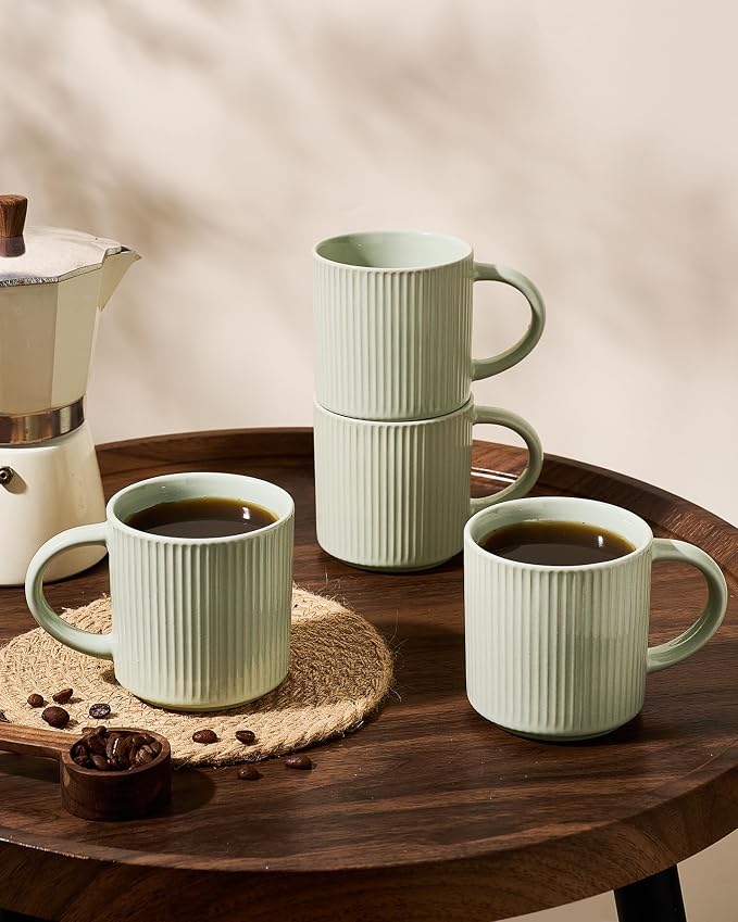 famiware Coffee Mug Set for 6, Star 12 oz Catering Mugs Cup Set with Handle for Coffee, Tea, Cocoa, Milk- Ceramic Stoneware Drinkware Set, Light Green