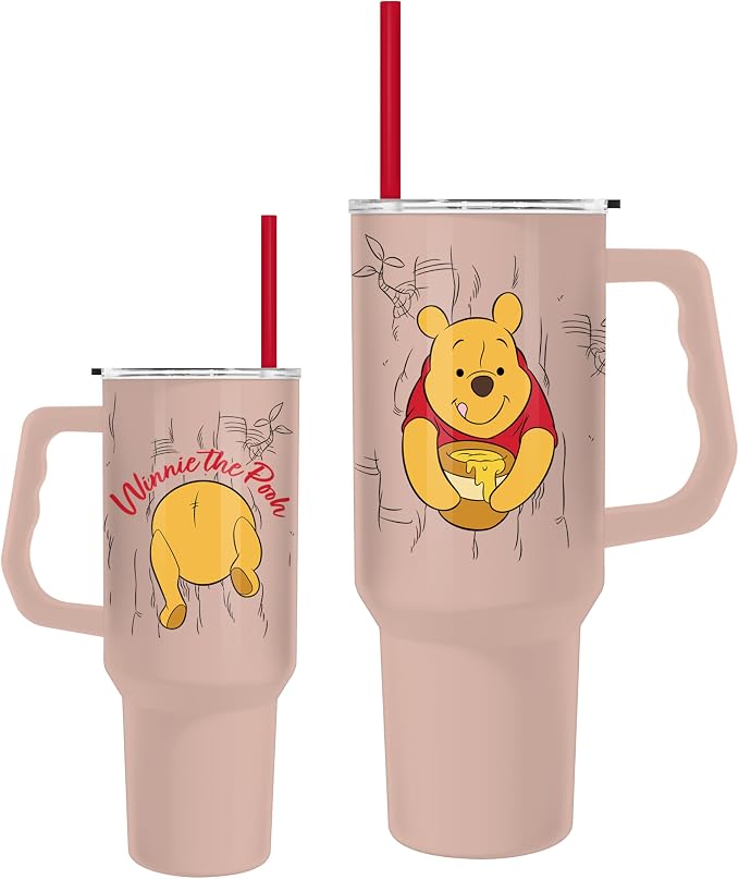 Silver Buffalo Winnie the Pooh Stainless Steel Tumbler with Handle, 40oz | Stuck in tree artwork, double-wall insulation, reusable straw lid, fits most cup holders