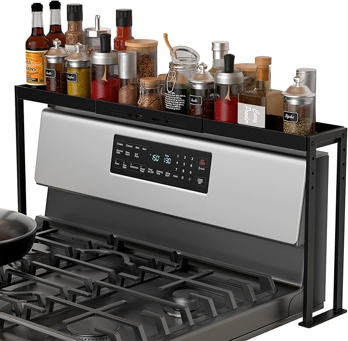 BOIVSHI Stove Top Shelf, Kitchen Over Shelf for Stove, Stove Spice Rack for Top, Adjustable 27-33inch, Fits Various Stove Lengths, Kitchen Spice Organizer, Condiments and BBQ Sauces, Black