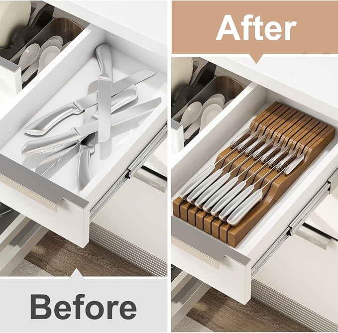 In-Drawer Knife Block Organizer - Bamboo Wood Drawer Knife Organizer-Protecting Knife Organizer Block (Not Included) (Brown, 15 Knives Dock)