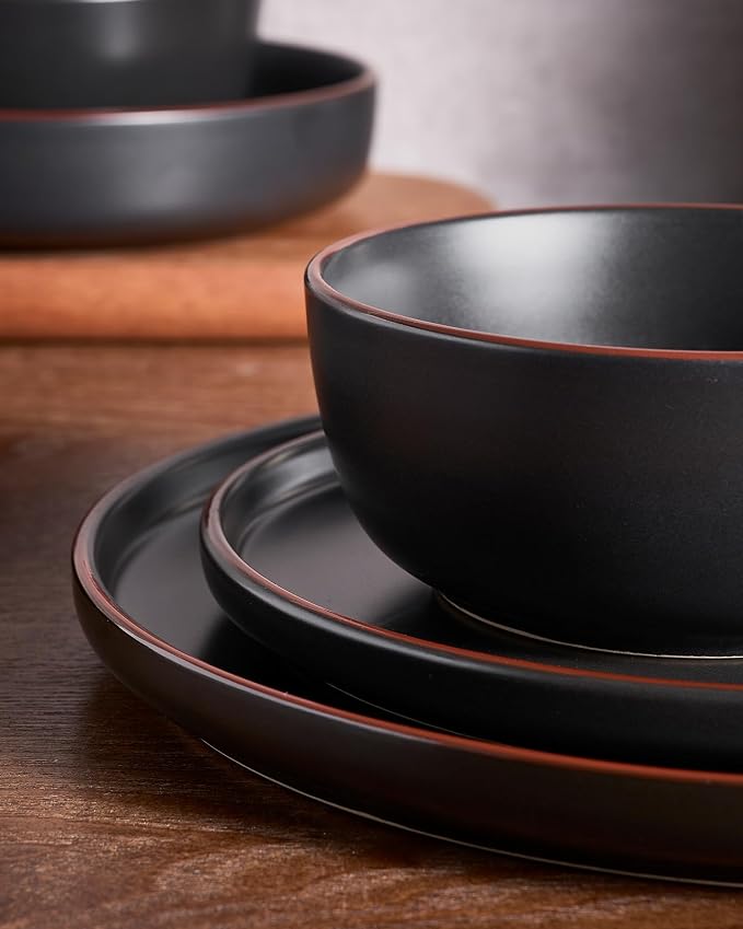 Famiware Mercury Dinnerware Sets with Pasta Bowls, Service for 6 (24 Pieces), Stoneware Plates and Bowls Sets, Microwave and Dishwasher Safe Dishes Set, Matte Black