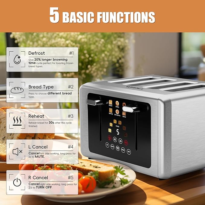 Whall 4-Slice Smart Toaster with Touchscreen & Extra-Wide Slots, Dual Independent Control, 6 Browning Levels & 6 Bread Types, Memory Function,Countdown Timer, Ideal Kitchen Gift
