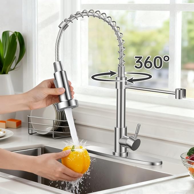 FEELSO Kitchen Faucet with Pull Down Sprayer, High Arc Stainless Steel Single Handle Kitchen Sink Faucet, 1 or 3 Hole Brushed Nickel Kitchen Faucets for Farmhouse Camper Rv Bar