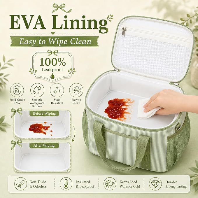 BTOOP Insulated Lunch Box for Women, Cute Corduroy Lunch Bag with Shoulder Strap, Leakproof Wide-Open Lunch Tote for Work, Office, School, Picnic, Green White Stripes