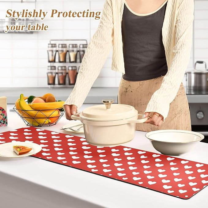 2-in-1 Table Runner Trivet for Hot Dishes Heat Resistant Hot Plate Mat Pad 39x12 Inch Waterproof Table Protector Trivets for Countertop Decorative Red Heart Valentine