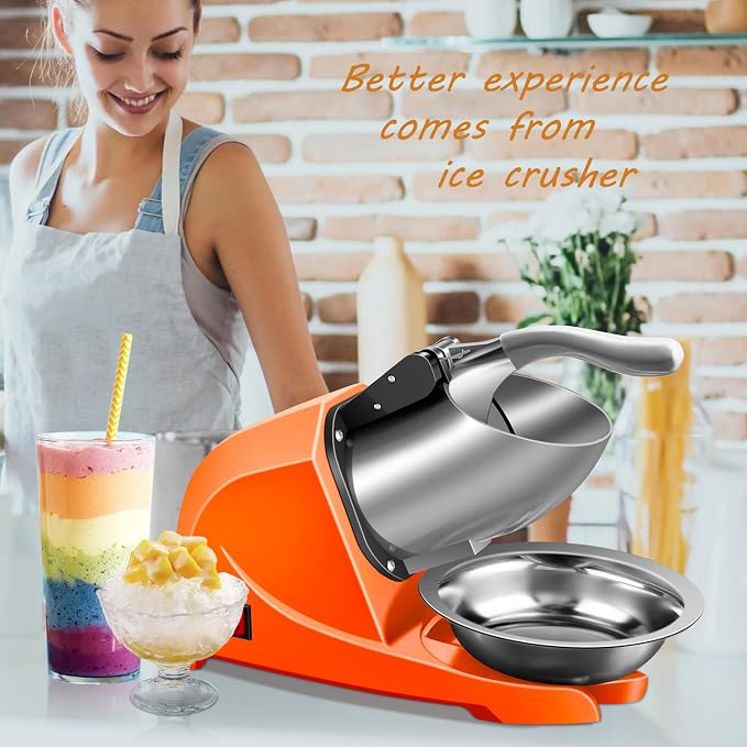 4-Blades Ice Shaver, Electric Shaved Ice Machine Ice Shaver Machine,200lbs/hr ice Crusher with Ice Pick for Home and Commercial Use（Orange）
