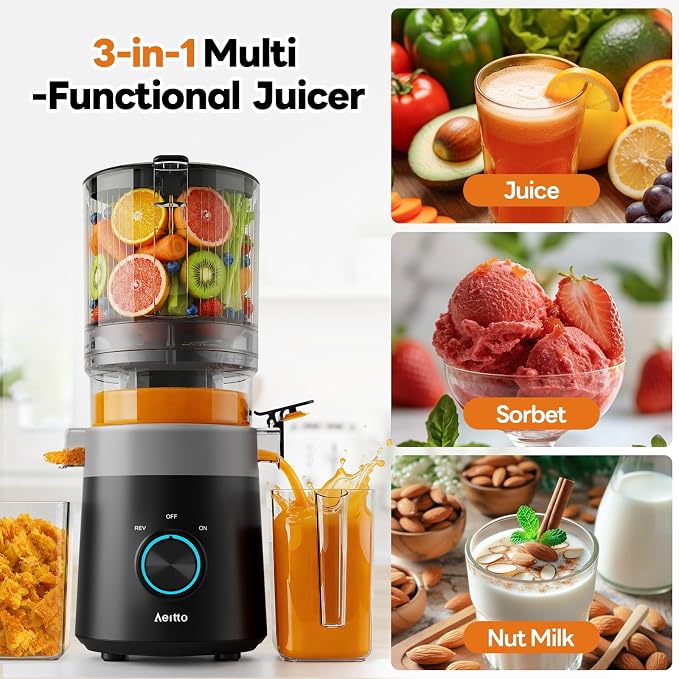 Aeitto 3-in-1 Cold Press Juicer for Juice, Nut Milk & Sorbet – Filter-Free Design for Effortless Cleaning, 6.0" Extra Large Chute Fits Whole Fruits & Vegetables, Juicer Machines High Yield, With Brush