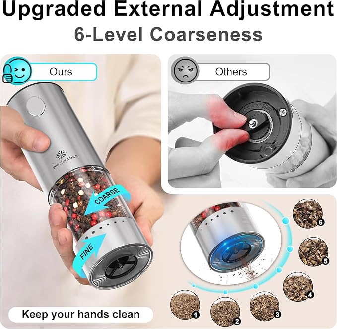 Electric Salt and Pepper Grinder Set, Rechargeable 2-Speed Automatic Mills | USB-C rechargeable, 2 speeds, one-hand automatic, 6 coarseness levels, top-fill 3.2oz, storage base, stainless steel, LED