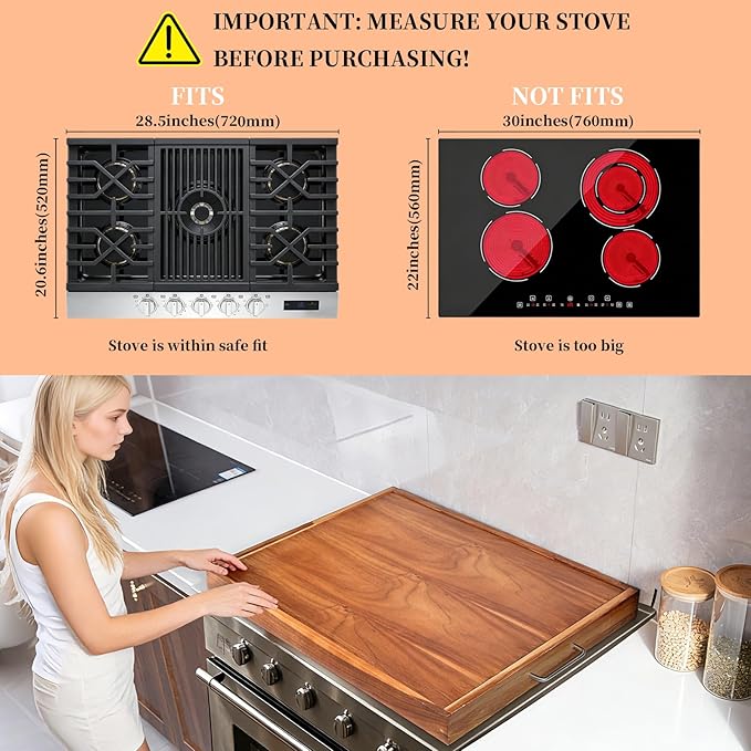 Noodle Board Stove Cover with Handles, Acacia Noodle Board Stove Top Covers for Gas Burners and Electric Stove, RV Stovetop Cover, Serving Tray for Kitchen Counter Space (30" x 22")
