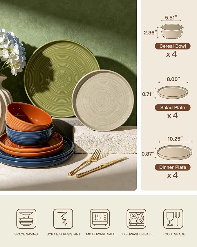 12-Piece Stoneware Dinnerware Sets for 4 - Farmhouse Coupe Plates and Bowls with Speckles & Spirals - Chip & Scratch Resistant, Microwave & Dishwasher Safe - Multicolor, Earthy Tones