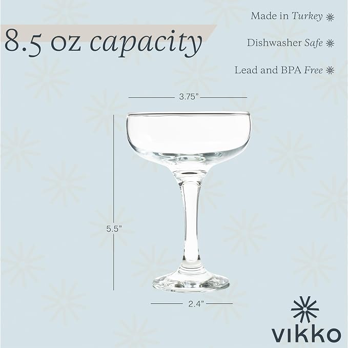 Vikko Martini Glasses Set of 6, Crystal Clear 8.5 Ounce Coupe Glasses with Small Stem, Cosmopolitan Glasses for Martini, Vodka, Cocktail, Short Stemmed