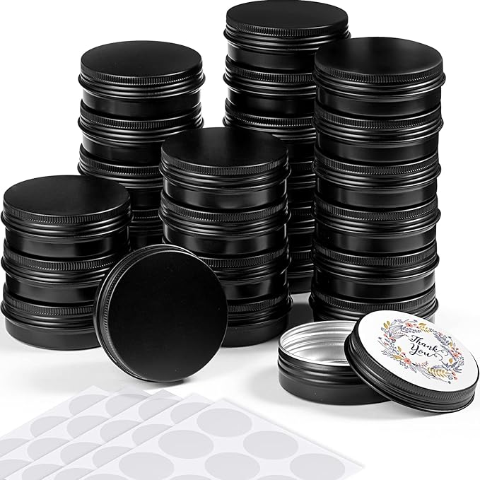 Patelai 2 oz Black Metal Round Tins Aluminum Tin Cans Salve Tins Containers with Screw Lid 10 Sheets Stickers for Salve Spice Candies Balms Candles, 36 Pack (Classic Style)