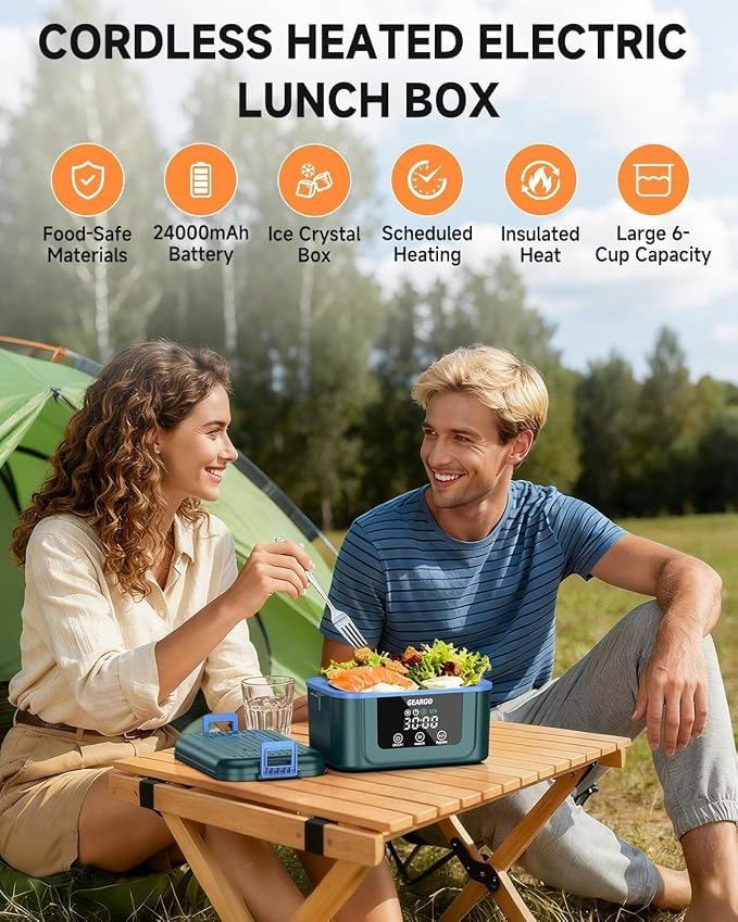 GEARGO 𝟐𝟎𝟐𝟔 Cordless Electric Lunch Box for Adults, 6.3 Cups & 24000mAh Rechargeable Heated Lunch Box with Ice Crystal Box, 24 Hours Scheduled Self Heating Lunchbox For Men Women(Blue)