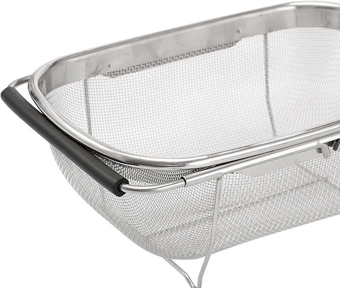 AJIODA Over The Sink Colander, 4 Quarts Stainless Steel Oval Colander with Expandable Rubber Grip Handle, Fine Mesh Strainer Baskets Kitchen Colanders for Strain, Drain, Rinse Vegetable, Fruits, Black