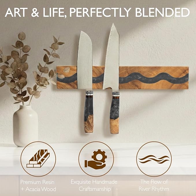 Wooden Magnetic Knife Holder with Black Resin for Wall, Wall Mounted Farmhouse Bar Kitchen Knives Organizer, Untensil Bar Storage and Spice Rack, 16 Inch