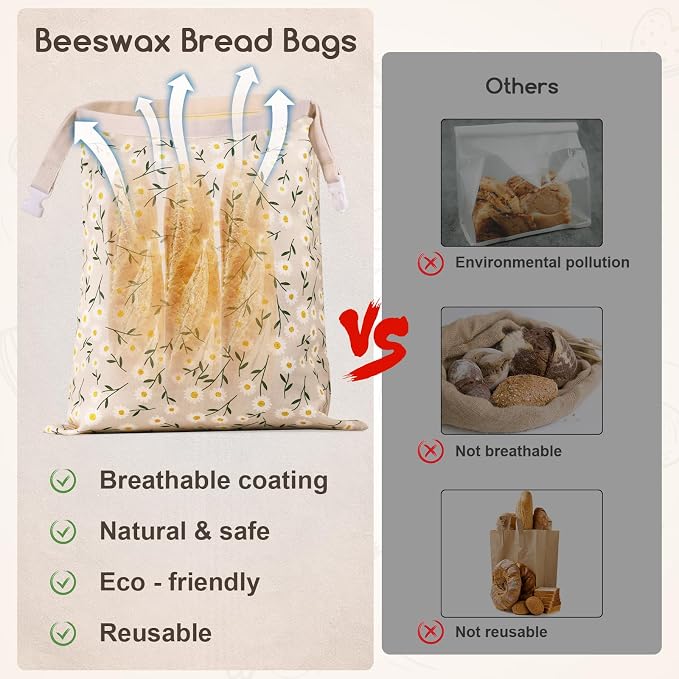 Beeswax Bread Bags for Sourdough, 2 Pack Reusable Bread Bag for Storage XL 17x13 Inch, Daisy Print Bread Bags for Homemade Sourdough - Keep Fresh, Freezer Safe