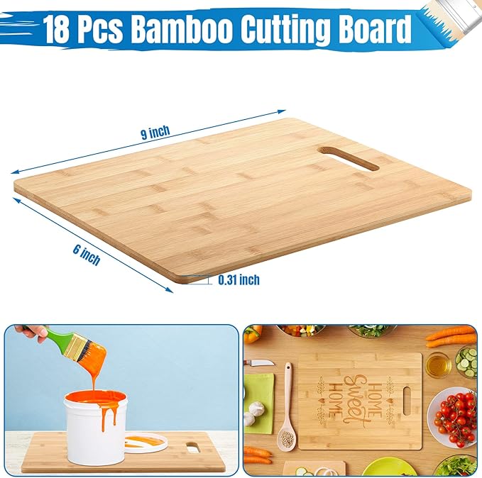 Vesici 18 Pack Bamboo/wood Cutting Board with Handles Bulk Plain Blanks Laser Engraving Chopping Board for Customized Engraving Gifts Crafts for Valentines Mother Women Gifts(Bamboo,6''x9'')