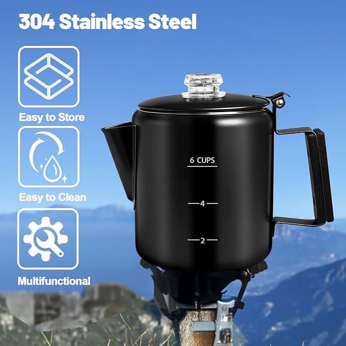 6 Cup Percolator 304 Stainless Steel Coffee Pot Coffee Maker Coffee Machine with Solid Wood Handle Transparent Knob Stovetop Greca Mocha for Induction Home and Camping 1000ml 33.8oz Black