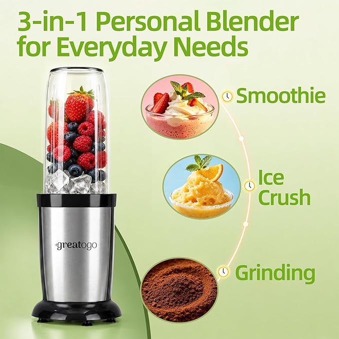 Compact Personal Blender for Smoothies & Shakes, 2-in-1 Bullet Blender and Grinder with 11-Piece Set, 2×24oz To-Go Cups + 10oz Grinding Cup, Ice Crushing, BPA-Free, Dishwasher Safe,Ideal Gift