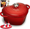 Overmont Enameled Cast Iron Dutch Oven - Heart-Shaped Pot with Lid Cookbook & Cotton Pot Holders - Mini Cookware Oven Safe to 500°F for Sourdough Baking Soups Stews - Great Gift for Wedding Birthday Housewarming 2QT Red