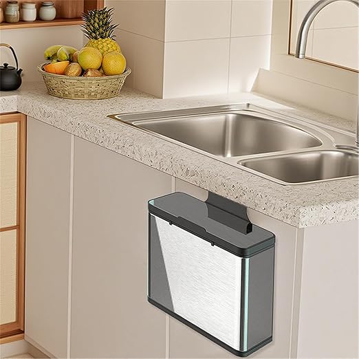 Over-cabinet Stainless Steel Kitchen Trash Bin with Lidded Top, Manual Open, Wall-mount, 0.8 Gallon Capacity, Removable Inner Liner, Bag Dispenser Compartment, for Apartments RV Pantry Office