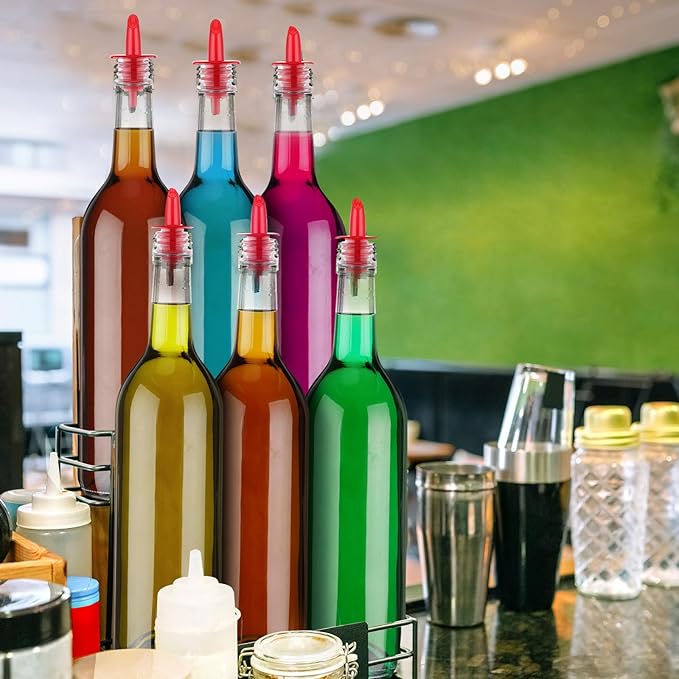 Maxdot 10 Pcs Glass Bottles with Pourer 750ml Long Neck Bordeaux Wine Bottle Clear Empty Wine Syrup Juice for Home Bar Liquor Juice Making Wedding Anniversary Party(Red)