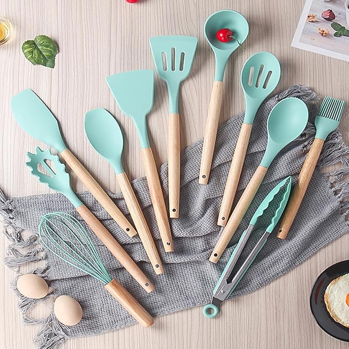 Kitchen Utensil and Knife Set with Storage, 19 in 1 Set with 11 Piece Silicone Cooking Utensils, 5 Pcs Sharp Stainless Steel Chef Knives Scissors Whisk Tongs and Cutting Board Teal