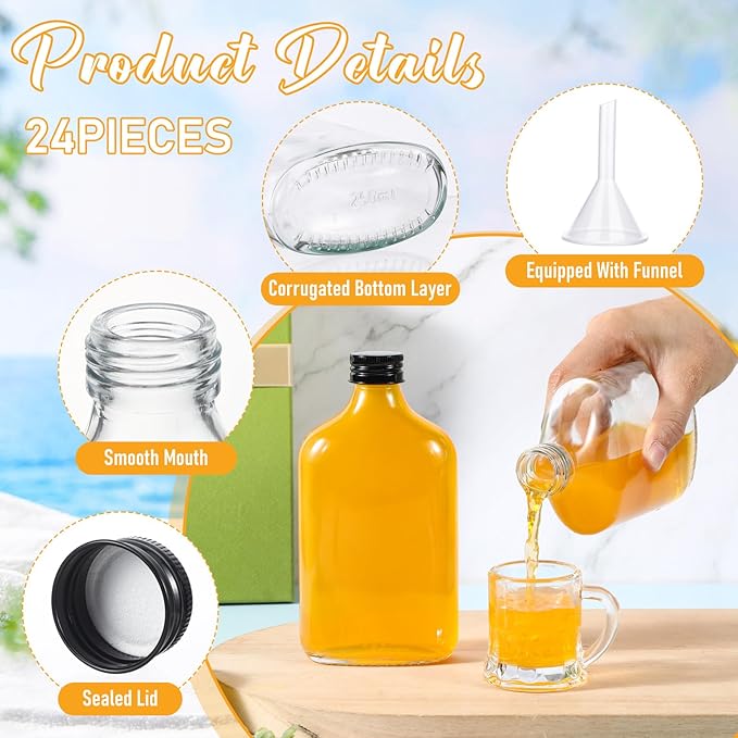 Gejoy 24 Pcs Mini Liquor Bottles Reusable Glass Flask Bottles with Black Caps Clear Empty Alcohol Shot Jars Small Champagne Jars with 4 Funnels for Wine Weddings Party Favors Christmas (8.5 oz)