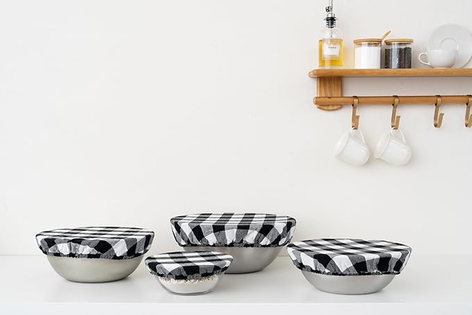Reusable Cloth Bowl Covers - 100% Cotton Fabric Bowl Covers Set to Cover Fruits, Vegetables and Regulate Moisture - Elastic Closure for Salads, Bread & Leftovers (Black Plaid, 2XL, 2L, 2M, 2S)