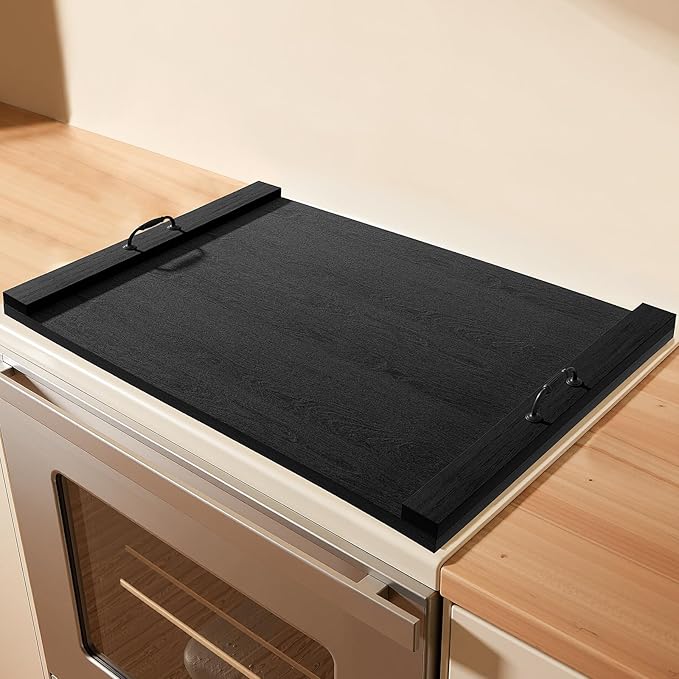 Gas Stove Top Cover: Wooden 30 * 22 Inches Electric Stovetop Covers, Noodle Board with Handles, Wood RV Cutting Board for Kitchen Counter (Black)