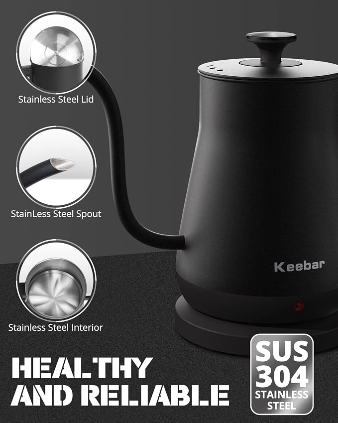 Electric Kettle, Gooseneck Kettle with Auto Shut Off, 0.8L Small Eletric Tea Kettle, Precise Spout Designed for Coffee Tea, 1000W Quick Heat Up, Stainless Steel, Matte Black | Auto Shut Off, 0.8L, Precise Spout Designed for Coffee Tea, 1000W Quick Heat...
