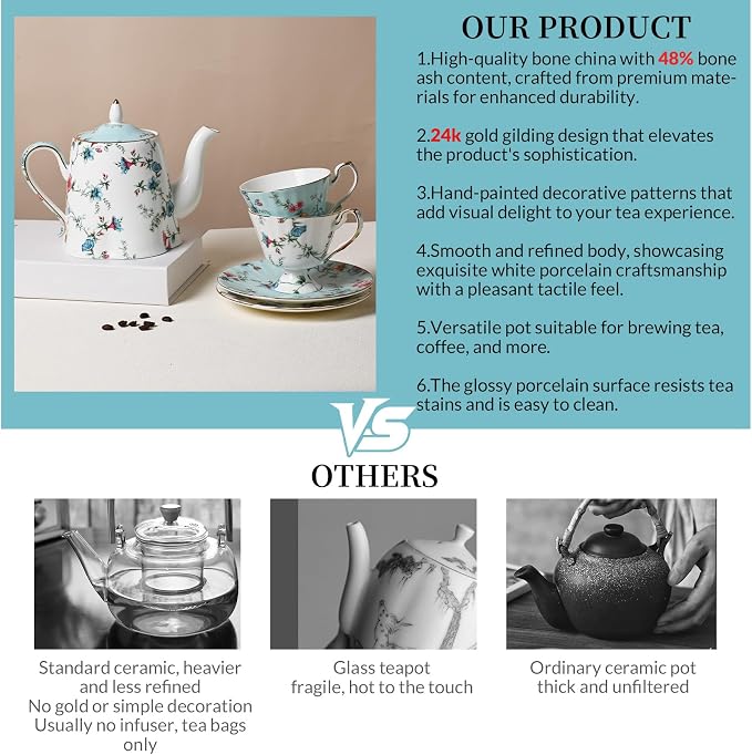 ACMLIFE Tea Sets for Adults, Tea Cups and Saucers, 4 Pcs Floral Vintage Bone China Tea Set, British English Tea Cups with 24K Gold, Mother's Day, Wedding Gift, Tea, Coffee & Gifting (Blue and White)