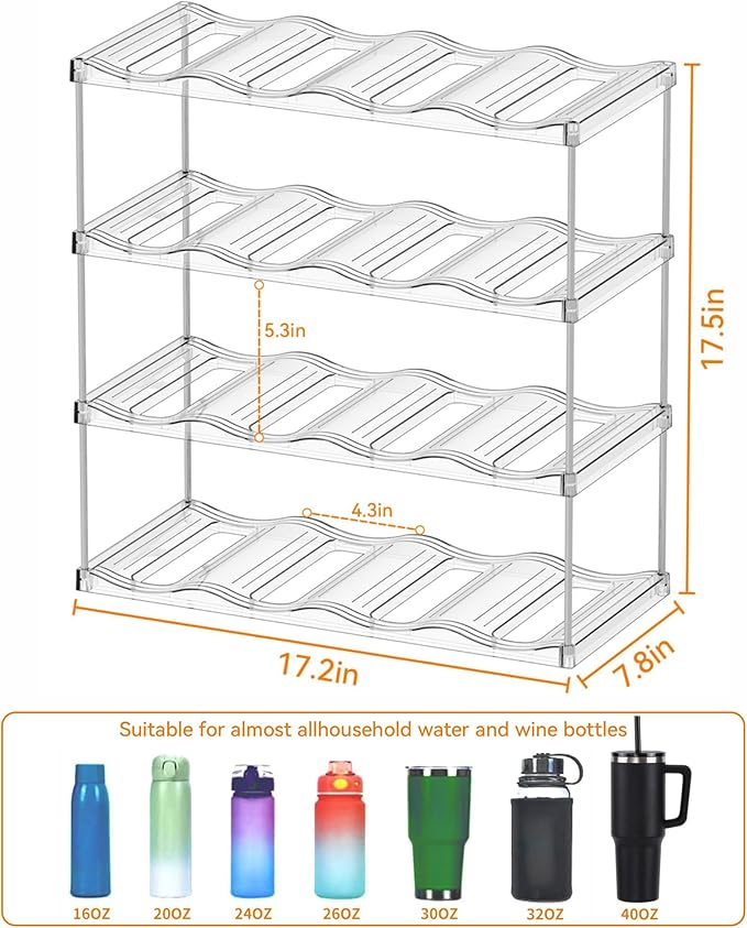 Yieach 4 Tier Waterbottle Organizer for Cabinet - Large Compartment Stackable Water Bottle Holder and Wine Bottle Rack,Acrylic Water Bottle Organizer Rack for 40 oz Stanley Cup,Yeti and Tumbler Shelf