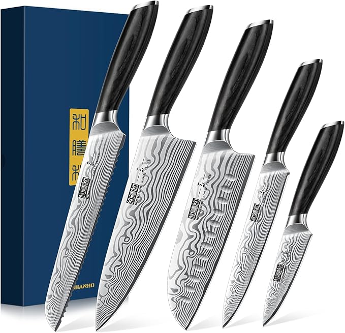 HOSHANHO Cleaver Knife 7 Inch, Razor Sharp High Carbon Powder Steel Meat Cleaver & 5 Pieces Knife Set, Professional Powder Steel Chef Knife Set, Ultra Sharp Japanese Kitchen Knives Set