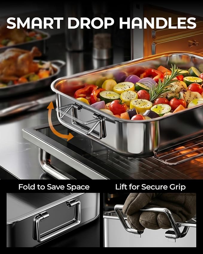 Stainless Steel Roasting Pan with Rack, Heavy-Duty Turkey Roasting Pan for Oven, Includes Two Bakinng Rack Insert, Perfect for Holiday Turkey & Everyday Meal Prep, Fits Up to 12 lbs Turkey