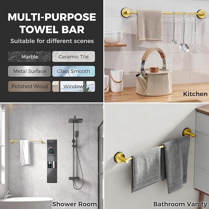 Adjustable Suction Cup Towel Bar for Bathroom Wall,14.6Inch~24 Inch Towel Racks for Bathroom,Stainless Steel Bath Towel Holder for Shower(Brushed Gold)