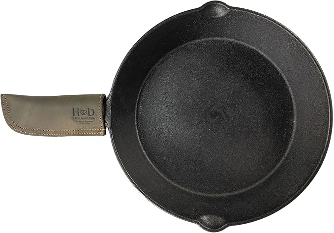 Hide & Drink, Full Grain Leather Hot Handle, Cast Iron Protector, Panhandle Potholder, Double Layered, Double Stitched, Slides On/Off Easily onto Metal Skillet Grips, Handmade, Dark Jade