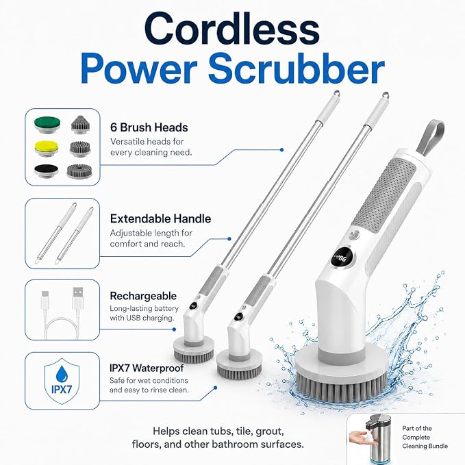 Bathroom Cleaning & Hand Care Bundle, Touchless Foaming Soap Dispenser and Cordless Electric Spin Scrubber Set