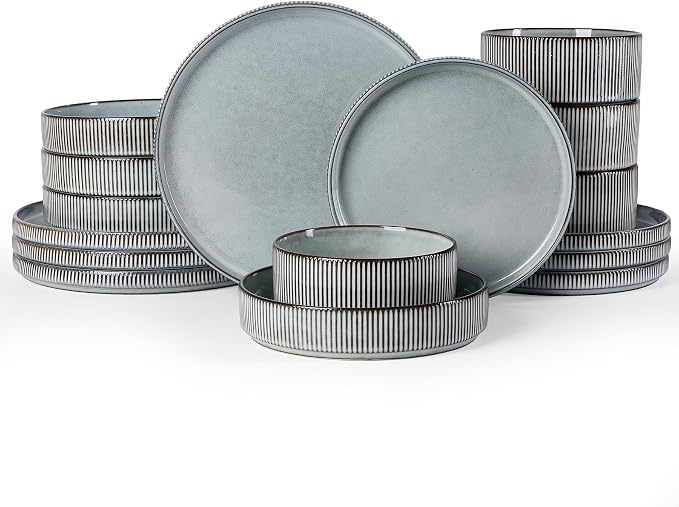 Famiware Star 16-Piece Stoneware Dinnerware Sets, Service for 4 - Shallow Pasta Bowls & Flat Plates, Modern Rustic Reactive Glaze Dishes, Chip/Scratch Resistant, Microwave/Dishwasher Safe, Smoky Blue