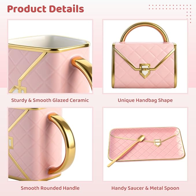 1 Set Handbag Mug with Spoon and Saucer, 10 oz Ceramic Purse Coffee Cup, Gold Trim Cute Tea Cup Set, Modern Tabletop Decor, Present for Women for Birthday, Mother’s Day (Pink)