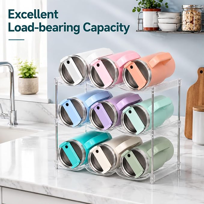 Stackable Water Bottle Organizer for Stanley 40 oz Tumbler, Large Compartment Water Bottle Holder for Cabinet, Clear Tumbler Organizer for Kitchen Countertop Pantry, 4 Pack