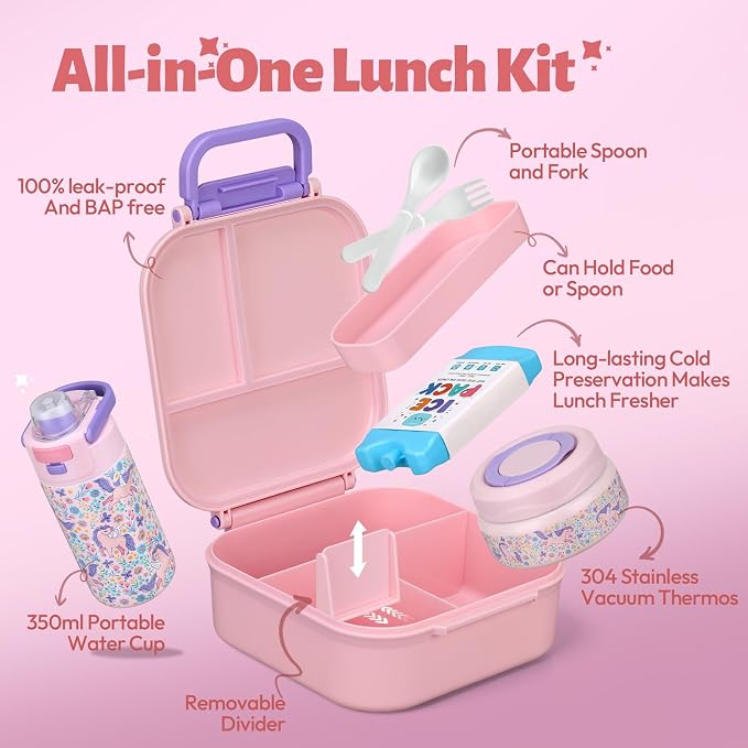 Itslife Bento Box for Kids Set, Insulated Food Container,Kids Lunch Box, 7 oz Thermos for Hot Food, 12 oz Thermos Water Bottle, Reusable Insulated Ice Bag & Fork Spoon Utensils Camping Travel Pink
