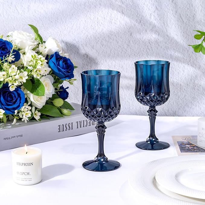 Ciaell 24PCS Blue Plastic Wine Glasses - 7 Oz Plastic Goblets for Party - Blue Vintage Drinking Glasses - Disposable Water Goblets Set for Wedding, Bar, Wine, Beer, Juice