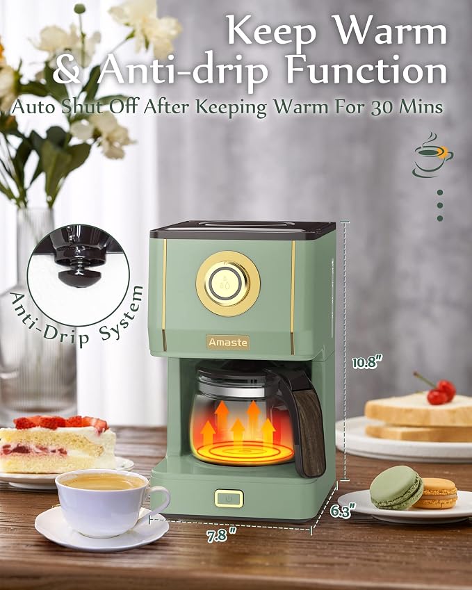 Amaste Drip Coffee Maker, Coffee Machine with 25 Oz Glass Coffee Pot, Retro Style Coffee Maker with Reusable Filter & Three Brewing Modes, Collapsible Silicone Coffee Cup,Warming Plate, Matcha Green