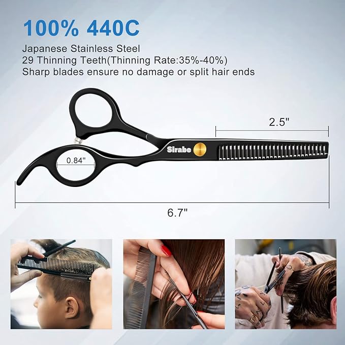 Sirabe 10 PCS Hair Cutting Scissors Set, Professional Haircut Scissors Kit with Cutting Scissors, Thinning Shears, Comb, Cape, Clips, Black Hairdressing Texturizing Shears Set for Barber, Salon, Home