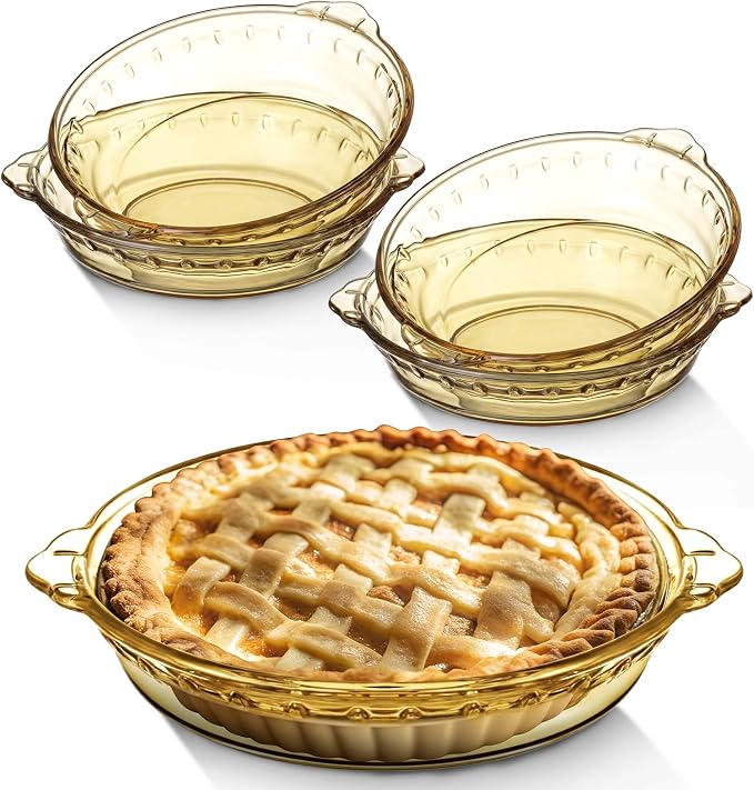 Uiifan 4 Packs 6 Inches Mini Glass Pie Pan for Baking 11.6 oz Amber Pie Plate with Handles Round Glass Dish for Baking and Serving, Snacks, Salads, Desserts