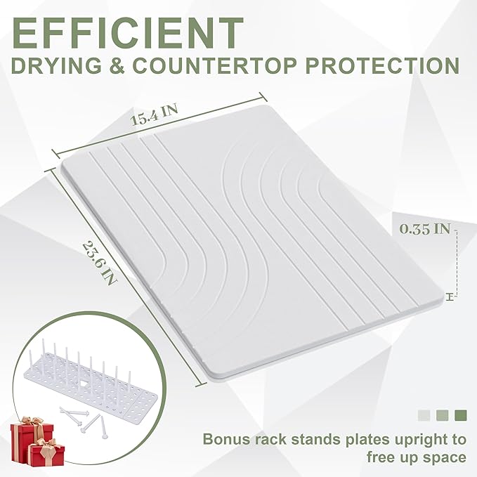 Large Stone Drying Mat for Kitchen Counter, 24" × 16" Diatomite Dish Drying Mat, Ultra Absorbent Diatomaceous Earth Dry Stone Mats with Dish Rack for Dished, Bottles, White